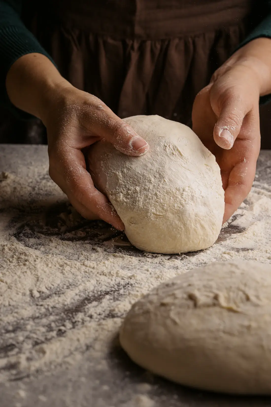 Bakker vormt met de hand een bol deeg op een bebloemde werktafel