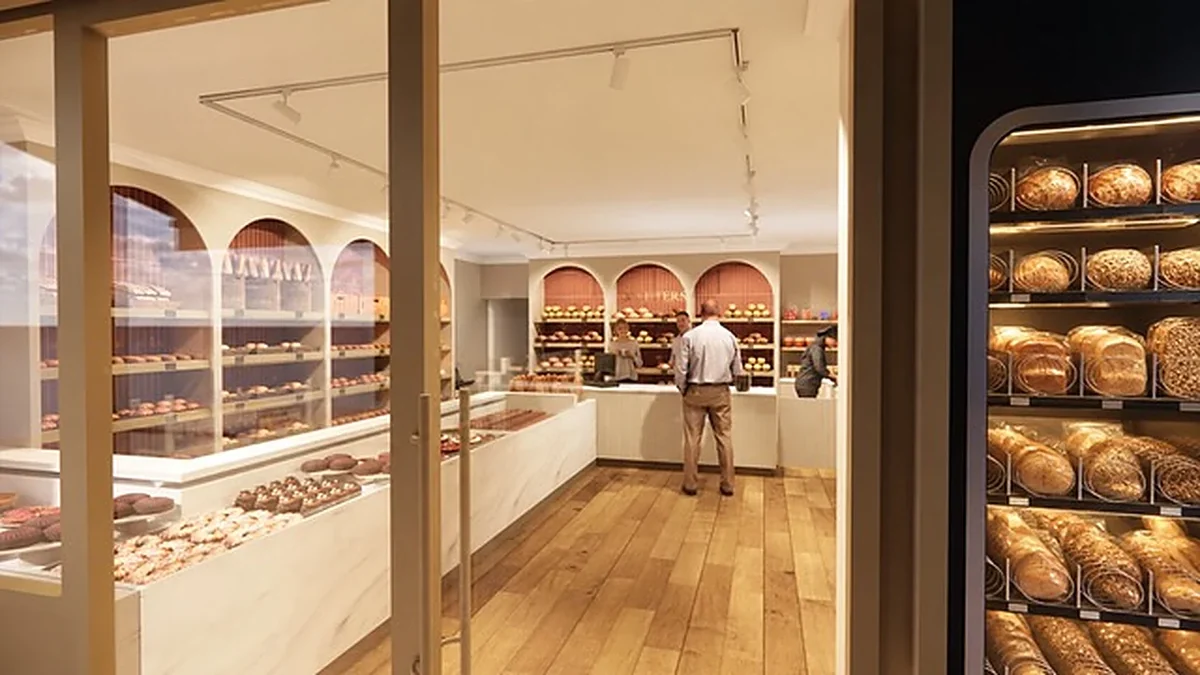 Interieur van Bakkerij Wouters met broodrekken en houten vloer